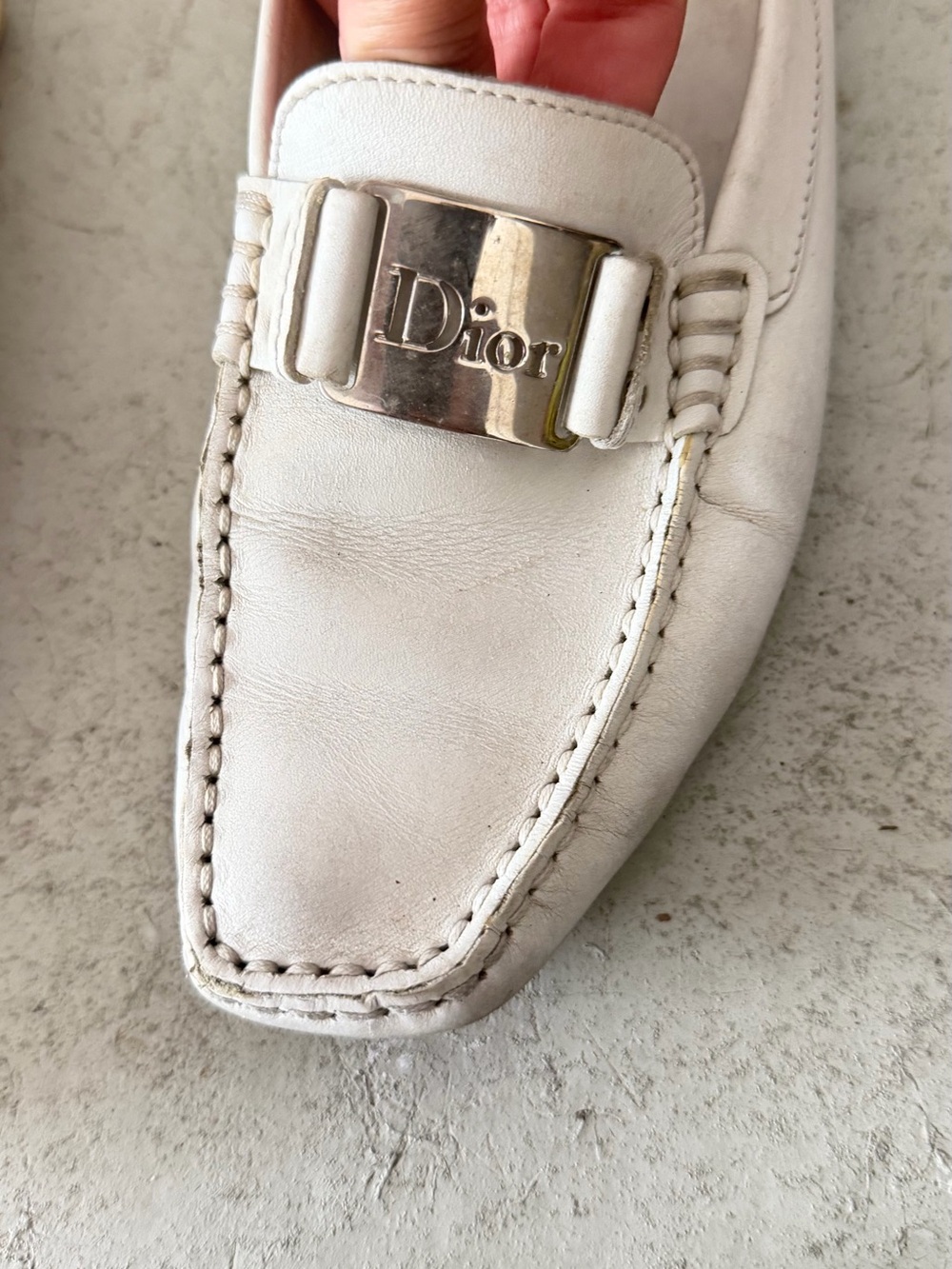 Dior White Leather Loafers with Silver Logo Buckle